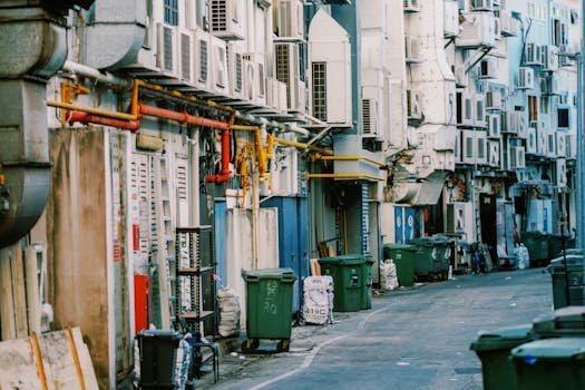 A narrow urban alley lined with numerous air conditioning units and trash bins.