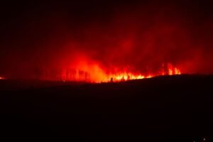 Intense forest fire illuminating the night sky in rural Spain, emphasizing the destructive force of nature.